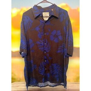 Tasso Elba Island Hawaiian Aloha Men Brown Blue Leaves Short Sleeve Shirt Large